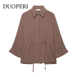 DUOPERI Women Fashion Spring New Brown Lace Up Blouse Vintage Lapel Neck Long Sleeves Female Chic Lady Shirts