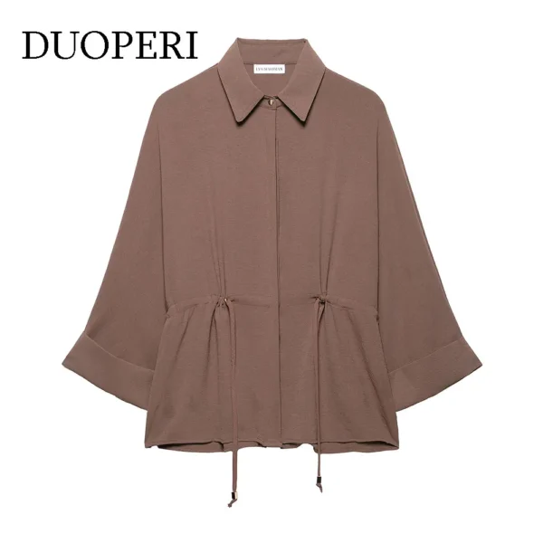 DUOPERI Women Fashion Spring New Brown Lace Up Blouse Vintage Lapel Neck Long Sleeves Female Chic Lady Shirts