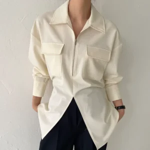 Elegant Chic Korean Style Minimalist Design Women's Shirt With Zippered Dual Pockets And Side Slit Back Strap