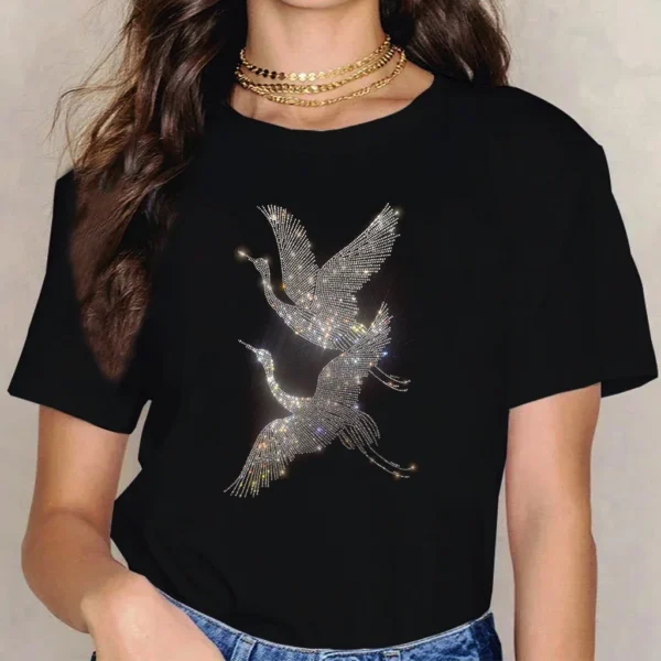 HOT high-quality women's T-shirts Geometric diamond flowers spring and summer short-sleeved hot stamping diamond flash creative