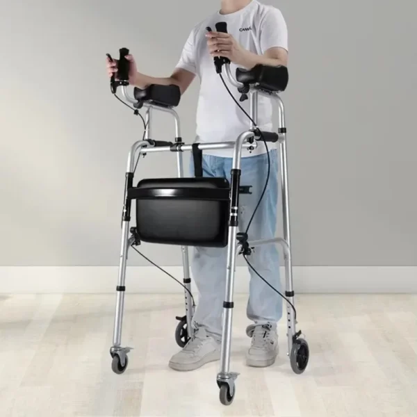Aluminum Alloy Walker Elderly Assistive Trolley with Seat Plate Foldable Disabled Getting Up Armpit Support Standing Frame - Image 6