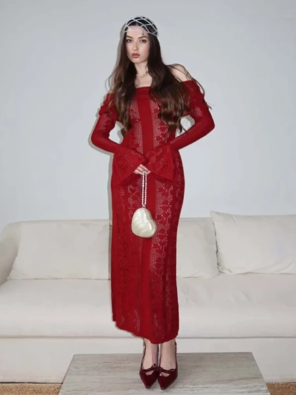 Elegant Crochet Knitted Maxi Dress Women Sexy Strapless Long Sleeve Slim Holidays Beach Dress Summer Hollow Out Chic Party Dress - Image 5