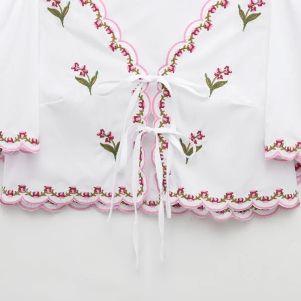 ZBZA Women's Floral Embroidered V-Neck Shirt – Short Sleeve, Front Tie, Loose Hem Top, Versatile Chic Cardigan for Spring & Summer - Image 4