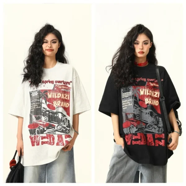 2025 Summer New Plus Size Men's and Women's American Retro Short Sleeve T-shirt Printing Trendy Loose and Comfortable T-shirt