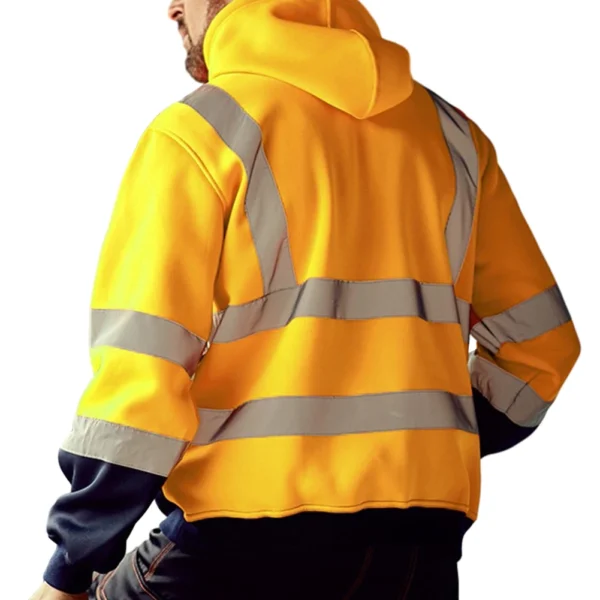 Mens High Visibility Jacket Long Sleeve Zipper Hooded Coat Hi-Vis Safety Reflective Sweatshirt - Image 2