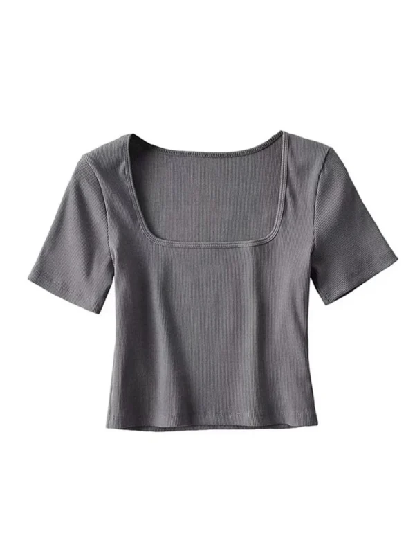 Women Square Neck Rib Crop T-shirt Short Sleeve Crop Top - Image 4