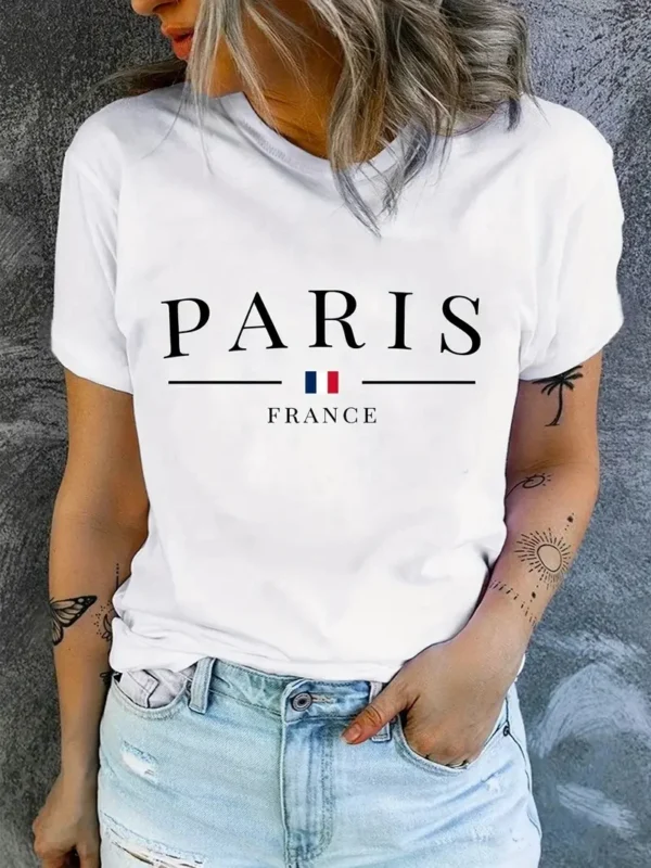 PARIS Print T-shirt, Short Sleeve Crew Neck Casual Top For Summer & Spring, Women's Clothing - Image 2