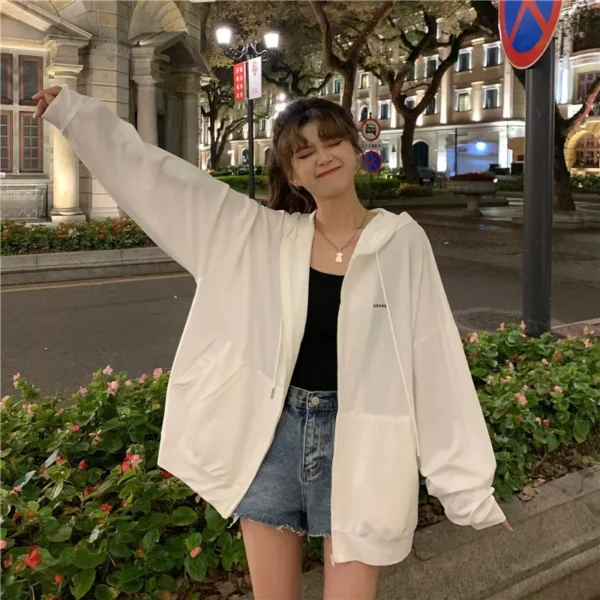 2024 Summer New Letter Loose-fit Slimming Ice Silk Sun Protection Long Sleeve Hooded Sweatshirt Jacket For Women White - Image 2