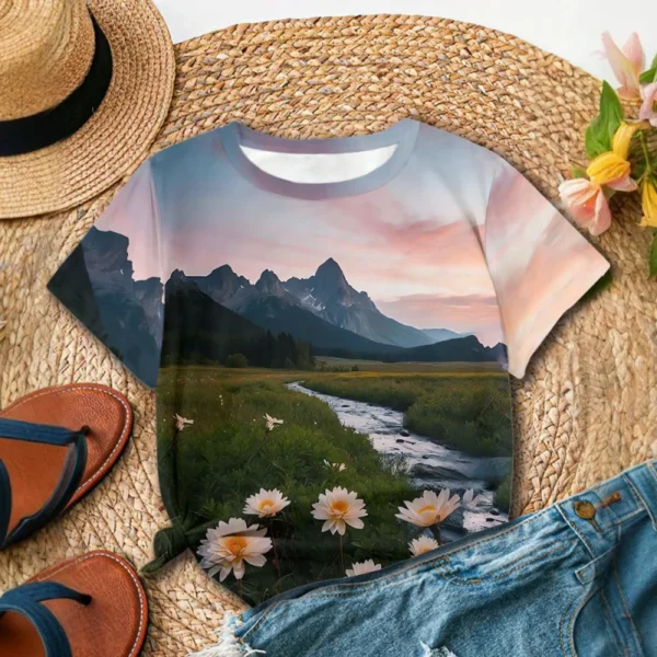 Women's T-Shirt Summer Short Sleeve Casual the beautiful Flowers Print Top Funny Pattern Pullover T Shirts for Girls Sweater - Image 3
