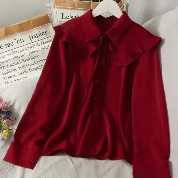 Spring Vintage Women Chiffon Shirts Korean Fashion Lace Up Loose Blouses Y2K Elegant Office Ladies Long Sleeve Outwear Tops New - Image 5