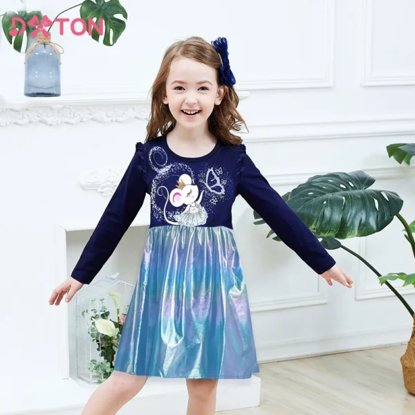 DXTON New Children's Casual Dress Winter Girls Clothing Squirrel Butterfly Cartoon Kids Dresses Patchwork Toddler Dress Costumes - Image 2
