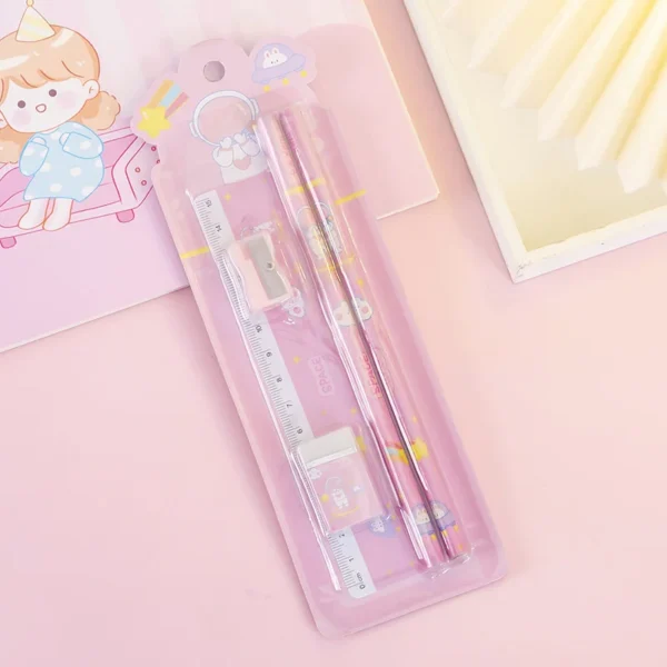 1 Set 4 Piece Stationery School Office Supplies Student Gift Prize Creative Kawaii Pencil Eraser Ruler Pencil Sharpener - Image 4