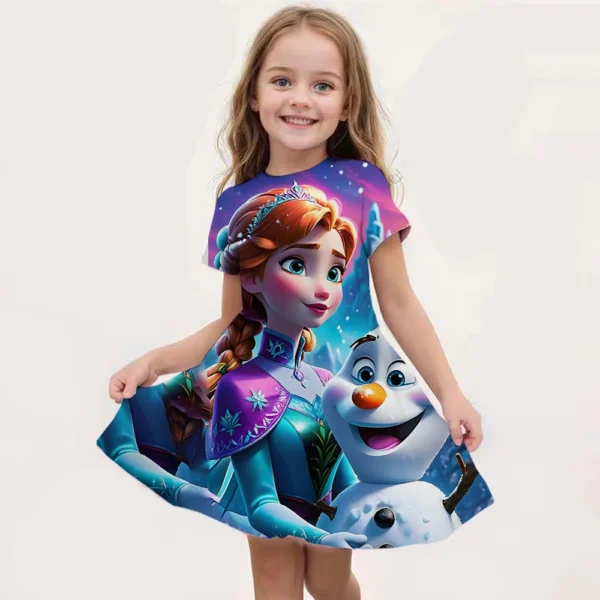 2024 MINISO New Summer Girls Queen Elsa Dress Fashion Cartoon Cute 3D Printing Dress Kid Short Sleeve Princess Frozen Clothing - Image 4