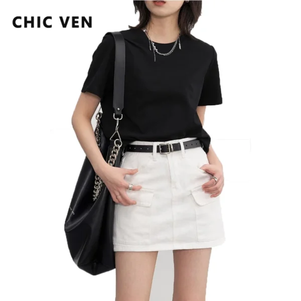 CHIC VEN Women's Tees Basic O Neck Short Sleeve Pullover T-shirt for Woman Solid Female Top Casual Ladies Tshirt Summer 2024 - Image 2
