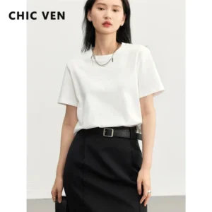 CHIC VEN Women's Tees Basic O Neck Short Sleeve Pullover T-shirt for Woman Solid Female Top Casual Ladies Tshirt Summer 2024