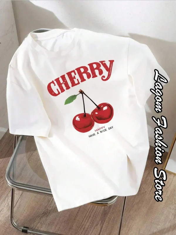 Cherry Print Women Fashion T-Shirt O-Neck Tops Tees Floral Graphic Short Sleeve Clothing Female Casual Streetwear - Image 2