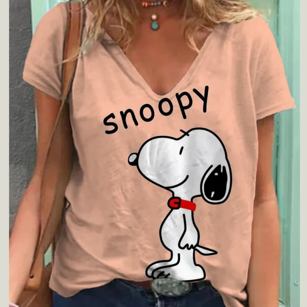 Fashion Snoopy Print Casual V-neck Top Tee Shirt Women Black White T-shirtWomen T Shirt Harajuku Short Sleeves T shirts - Image 4