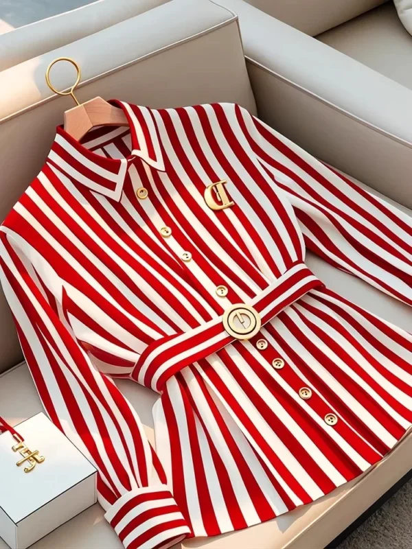 2025 Spring French High-end Red Stripe Blouse Polo Collar Brooch Top Autumn Women Small Fragrance Slim Belt Shirt Office Lady - Image 3