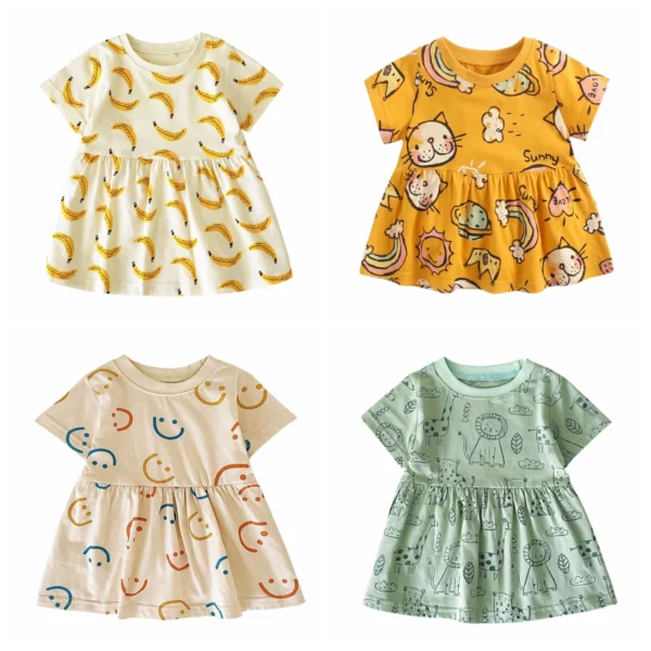 Sanlutoz Short Sleeve Summer Baby Dress Cute Pattern Casual Kids Girls Clothing Dress Cotton