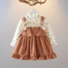 Fake Two Pieces Dress Corduroy Cartoon Bear Cherry Print Splicing Dresses Girls Princess Birthday Gift Kid Spring Autumn Clothes - Image 3