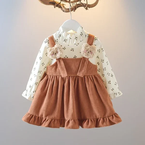 Fake Two Pieces Dress Corduroy Cartoon Bear Cherry Print Splicing Dresses Girls Princess Birthday Gift Kid Spring Autumn Clothes - Image 3