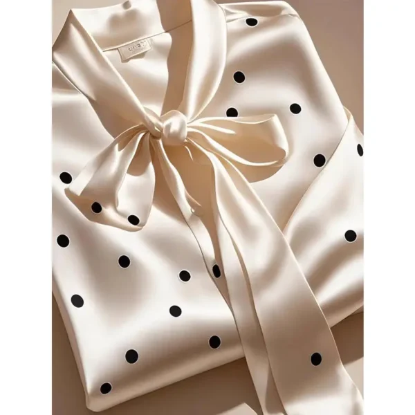 Women High Quality Satin Polka Dot Print Shirt Office Lady Business Casual Elegant Chic Blouse Lace-up Bow Long Sleeve Loose Top - Image 3