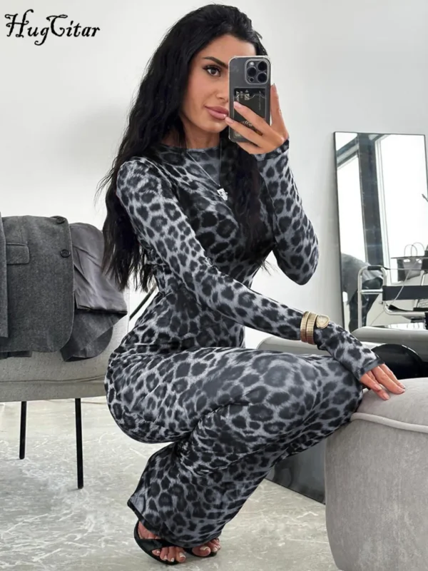 Hugcitar 2024 Leopard Print Mesh Long Sleeve Sexy Slim See Through Maxi Dress Fall Women Fashion Outfits Beach Vacation Club - Image 5