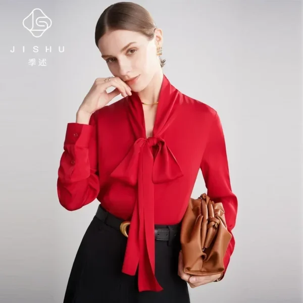 Silk Shirt Women's Thick Temperament Streamer 2024 Spring and Summer New Mulberry Silk Lace-up Design Shirt Long-sleeved Top - Image 4