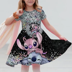 Summer New Children's Clothing 3d Printed Romantic Stitch Cute Girl Short-Sleeved Dress 3-14 Years Old Kids Performance Clothing