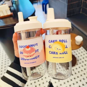 Cute Water Bottle For Coffee Juice Milk Kawaii Plastic Bubble Tea Cup With Lid Straw Portable Reusable Drinking Bottle BPA Free