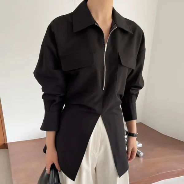 Elegant Chic Korean Style Minimalist Design Women's Shirt With Zippered Dual Pockets And Side Slit Back Strap - Image 4