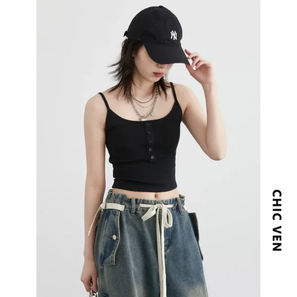 CHIC VEN Women Tank Solid Slim Minimalist U-neck Female Suspender High Elasticity Short Vest With Chest Pad Summer Clothing 2024 - Image 5