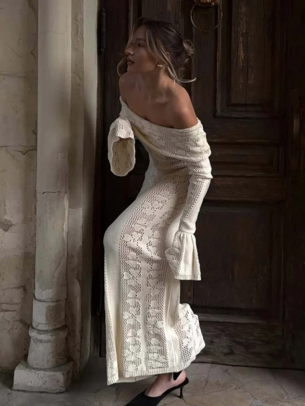 Elegant Crochet Knitted Maxi Dress Women Sexy Strapless Long Sleeve Slim Holidays Beach Dress Summer Hollow Out Chic Party Dress - Image 2