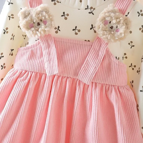 Fake Two Pieces Dress Corduroy Cartoon Bear Cherry Print Splicing Dresses Girls Princess Birthday Gift Kid Spring Autumn Clothes - Image 4