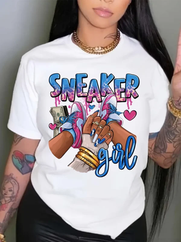 Sneaker Girl Graphic Print T-shirt, Casual Short Sleeve Crew Neck Top, Women's Clothing - Image 3