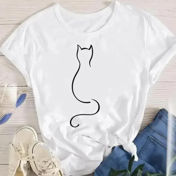 Women Funny Cat O Neck T-shirts Girl Summer Animal Tops Tee - Image 2