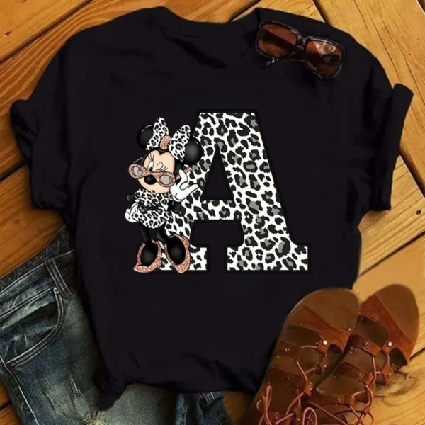 Disney Leopard Minnie Mouse A-Z 26 English Letters Women T-shirt Short Sleeve Balck Tops Tee Clothing for Woman - Image 2