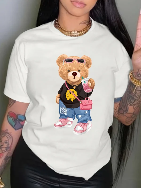 Cool Little Bear Print T-shirt, Short Sleeve Crew Neck Casual Top For Summer & Spring, Women's Clothing - Image 2