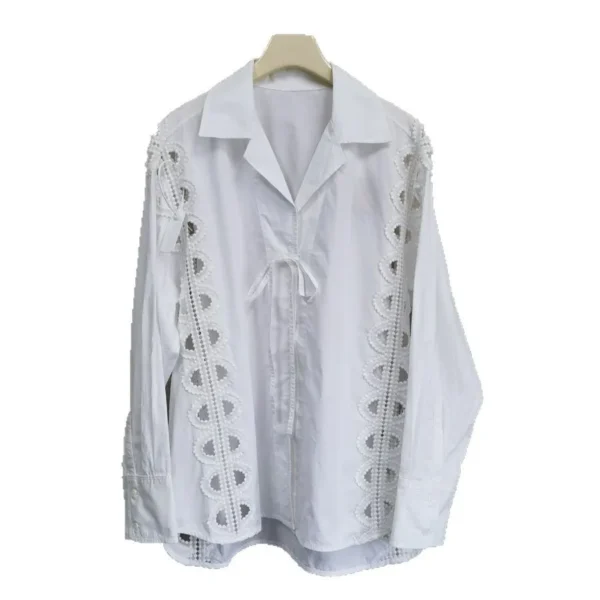 Loose Shirt Lace-up Semi-circle Pattern Hollow White Women's Fashion INS Style 25 Spring and Summer New Women's Clothing Blouses