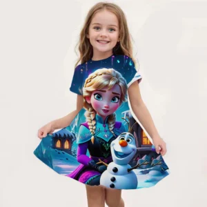 2024 MINISO New Summer Girls Queen Elsa Dress Fashion Cartoon Cute 3D Printing Dress Kid Short Sleeve Princess Frozen Clothing