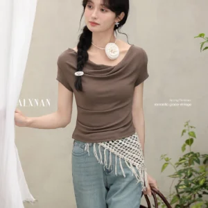 ALXNAN Light Brown Women's T-shirt 2025 Summer Slim Fit Elegant Draped Neckline Tees Casual Office Korean Style Clothing L55050