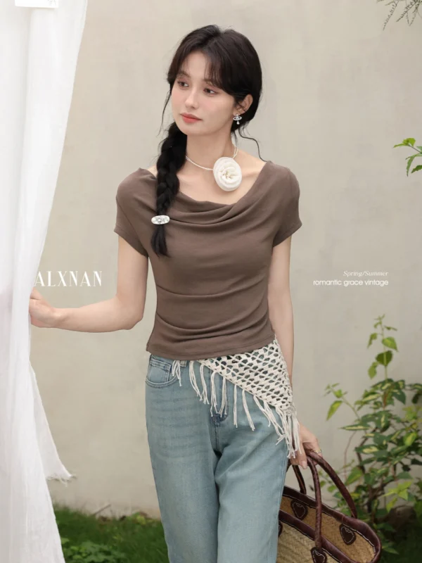 ALXNAN Light Brown Women's T-shirt 2025 Summer Slim Fit Elegant Draped Neckline Tees Casual Office Korean Style Clothing L55050