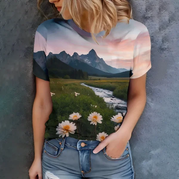 Women's T-Shirt Summer Short Sleeve Casual the beautiful Flowers Print Top Funny Pattern Pullover T Shirts for Girls Sweater