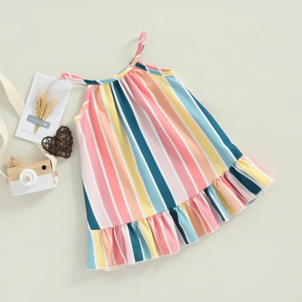 Kids Infant Baby Girls Summer Sleeveless Dress Vertical Stripe Print Ruffle Hem Casual Spaghetti Strap Dress 6M-4T - Image 5