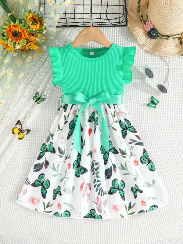 Set For Kids Girl 3-7 Years old Ruffled Sleeve Butterfly Floral Tulle Cute Princess Formal Dresses with Belt Ootd For Baby Girl - Image 3