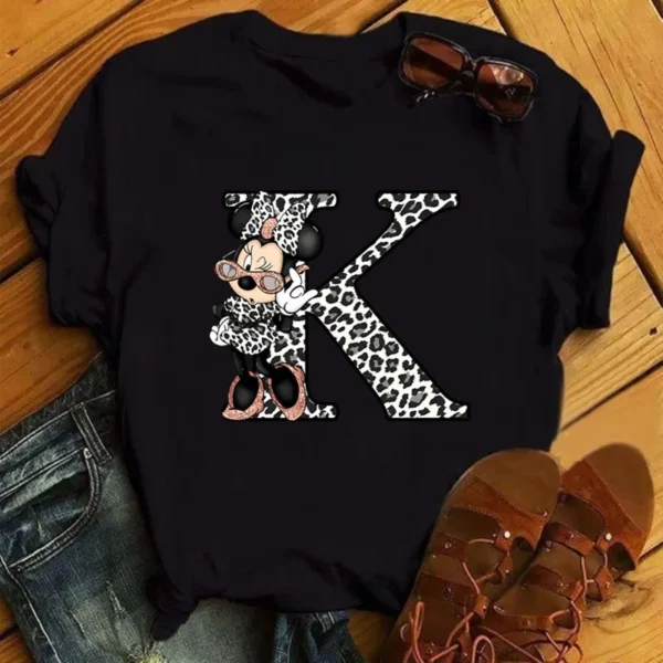 Disney Leopard Minnie Mouse A-Z 26 English Letters Women T-shirt Short Sleeve Balck Tops Tee Clothing for Woman - Image 3