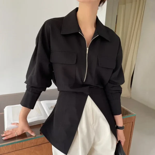 Elegant Chic Korean Style Minimalist Design Women's Shirt With Zippered Dual Pockets And Side Slit Back Strap - Image 2