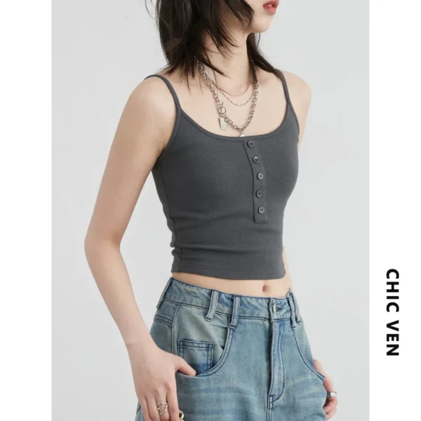 CHIC VEN Women Tank Solid Slim Minimalist U-neck Female Suspender High Elasticity Short Vest With Chest Pad Summer Clothing 2024 - Image 6