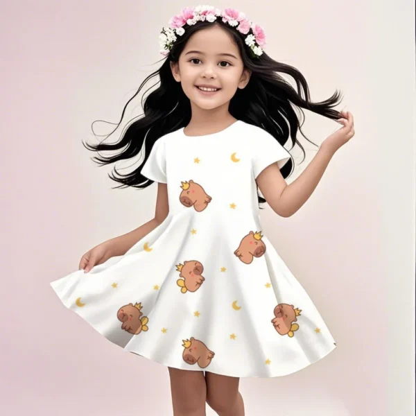 MINISO Summer Dress Fashion Cartoon Cute 3D Printing Dress Kid Short Sleeve Princess Clothing The Capybara Cartoon Is Cute - Image 3