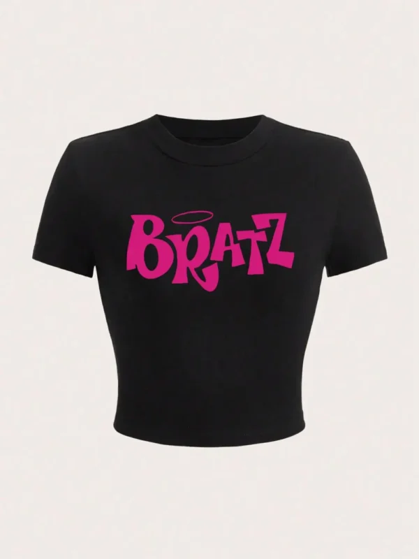 Personality Womens Crop T-Shirt Y2K Pink Bratz Letter Prints Short Sleeve High Elastic Soft O-Neck Tees Sexy Club Female Clothes - Image 3